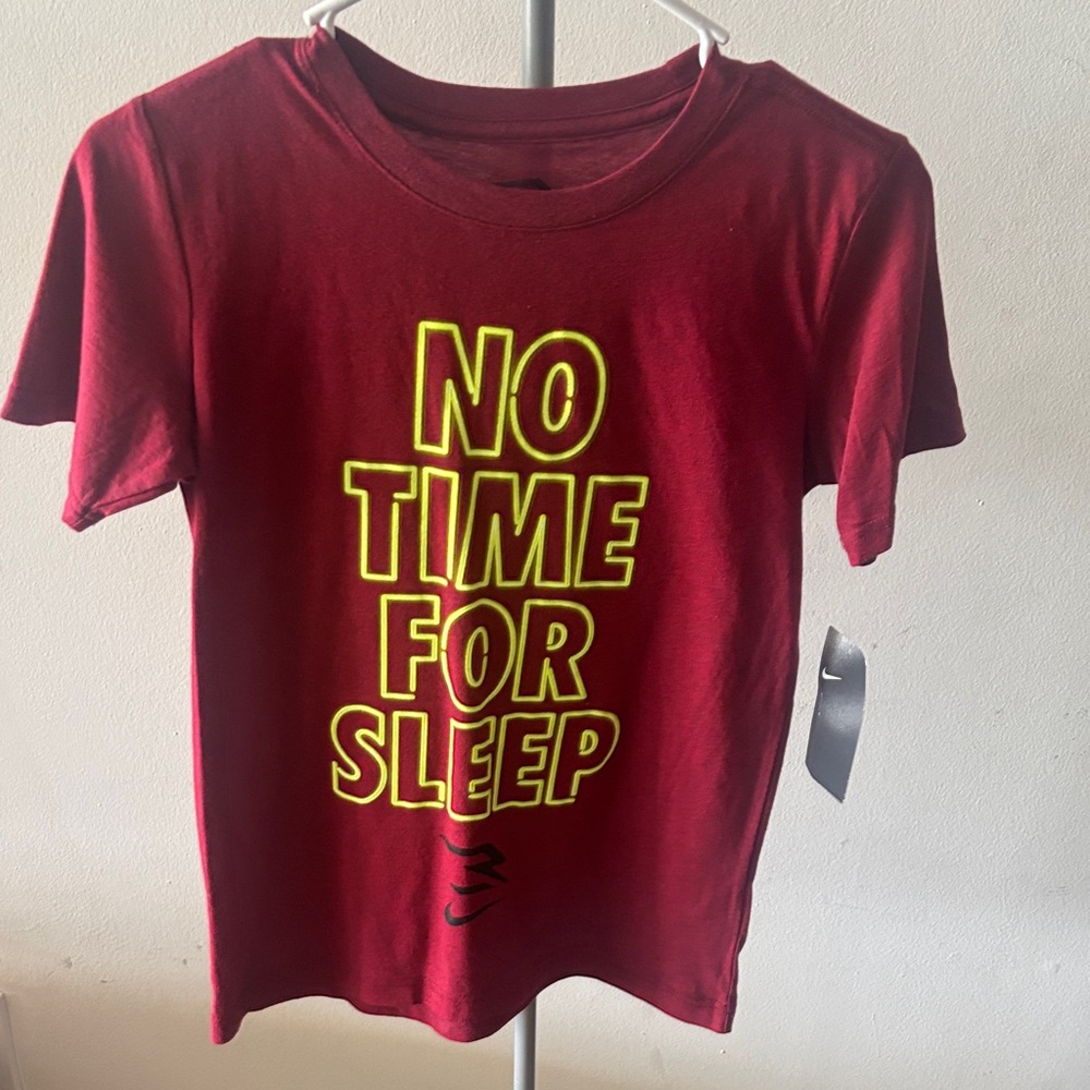 Nike Kids Maroon Tee with Yellow Graphic "No Time For Sleep"